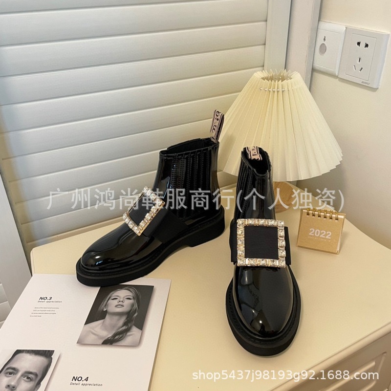 R Boots for Women Tangyan Ouyang Nana Same Style Rhinestone Square Buckle Boots British Patent Leather Glossy Leather Chelsea Boots