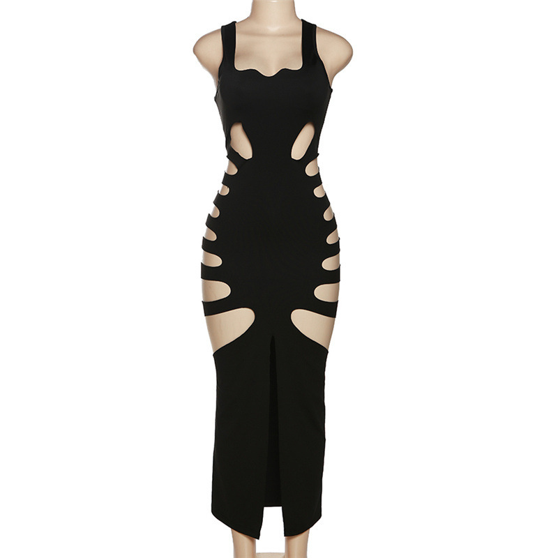 2024 Summer Women's New Fashion Hollow Low Neck High Waist Bodycon Slit Slim Long Dress_ecoleips.com