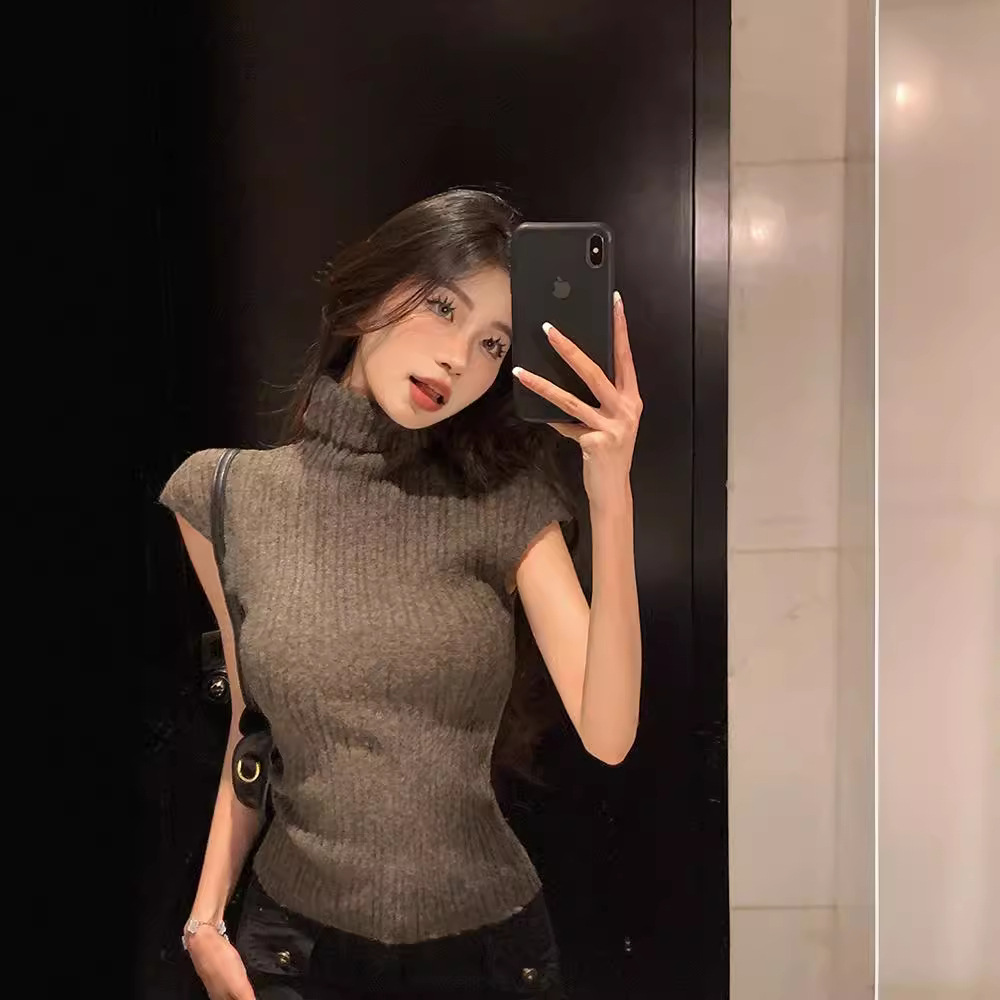 회색 터틀넥 스웨터 여성용 스프링 슬림 핏 타이트한 짧은 소매 내부 스웨터 바닥 셔츠 작은 짧은 탑