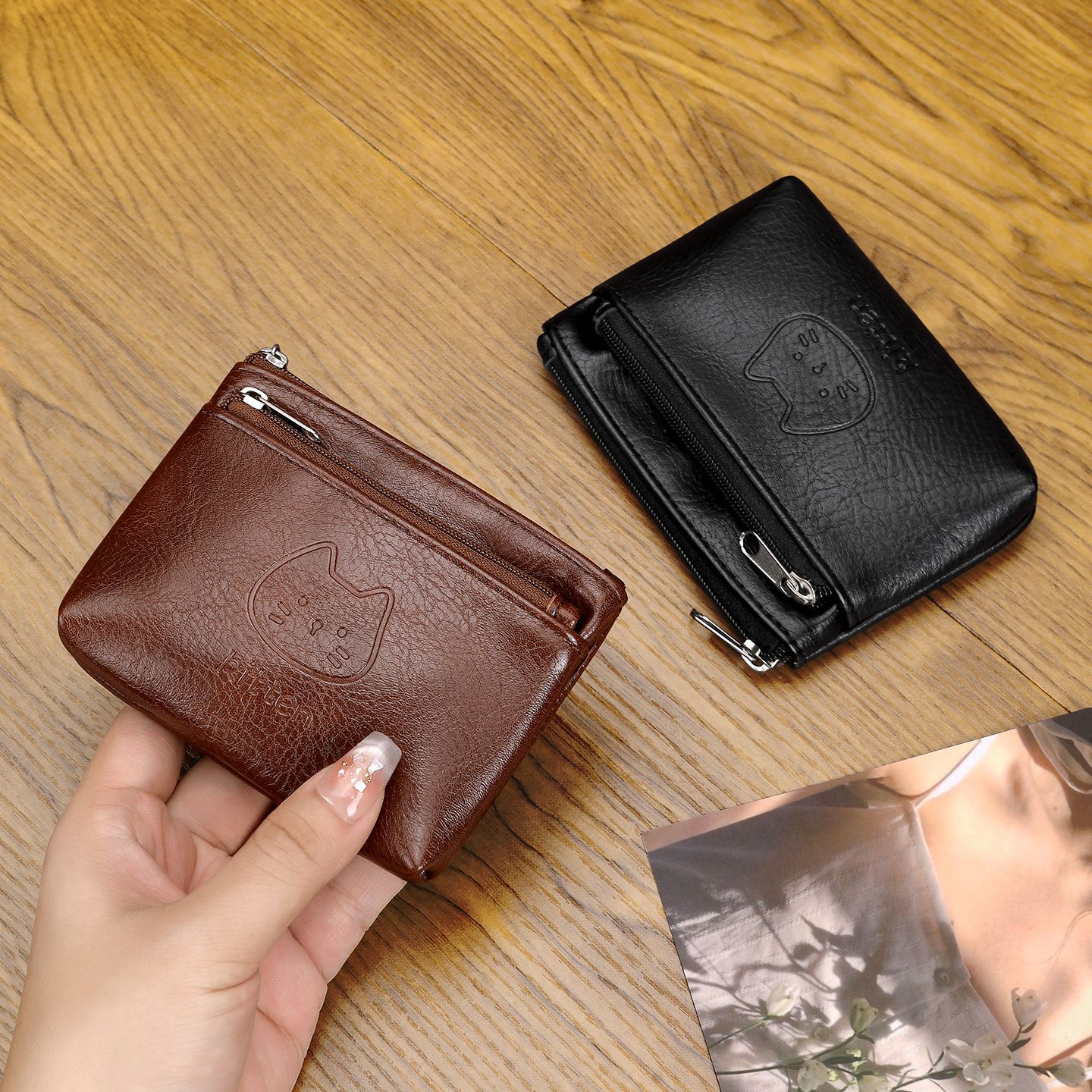 Suministro transfronterizo nuevo gato hecho a mano bolso de cambio de cuero lindo mini auriculares portátiles bolsa de tarjeta pequeña al por mayor