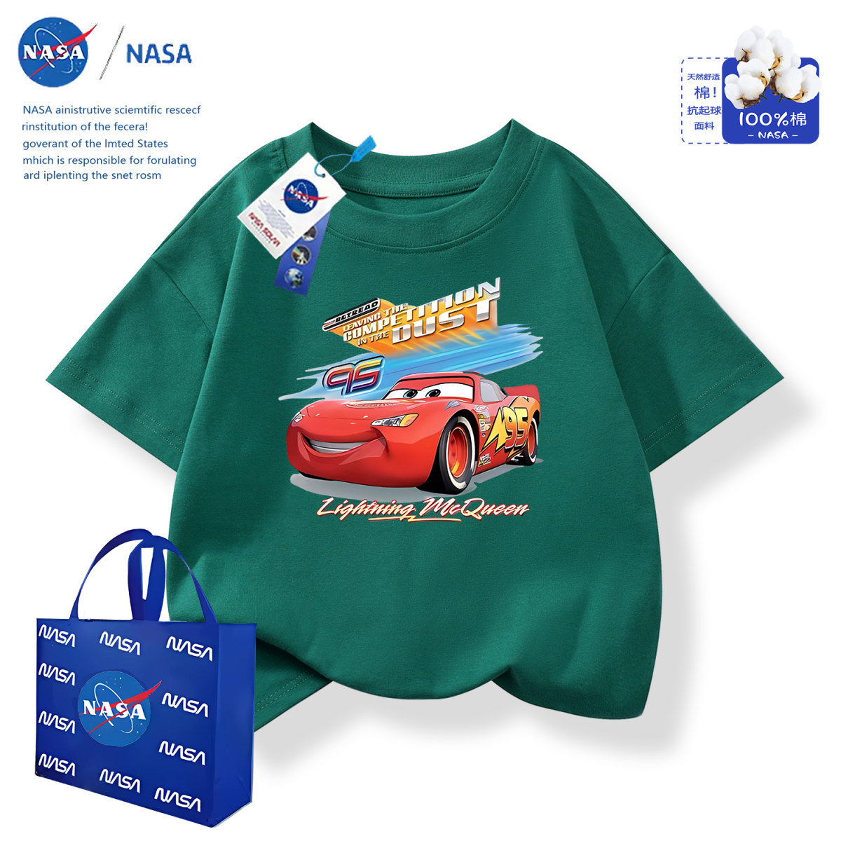 Nasa Co-Branded Lightning Mcqueen Short-Sleeved T-Shirt New Summer Clothing Boys Pure Cotton Fashion Summer Kidsren's Half-Sleeved Tops