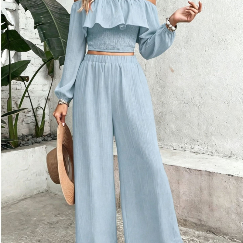 2026 Women's Bohemian Style Vacation Two-Piece Set with Off-Shoulder Ruffled Long Top and High-Waisted Wide-Leg Pants 2026 Women's Bohemian Style Vacation Two-Piece Set with Off-Shoulder Ruffled Long Top and High-Waisted Wide-Leg Pants
