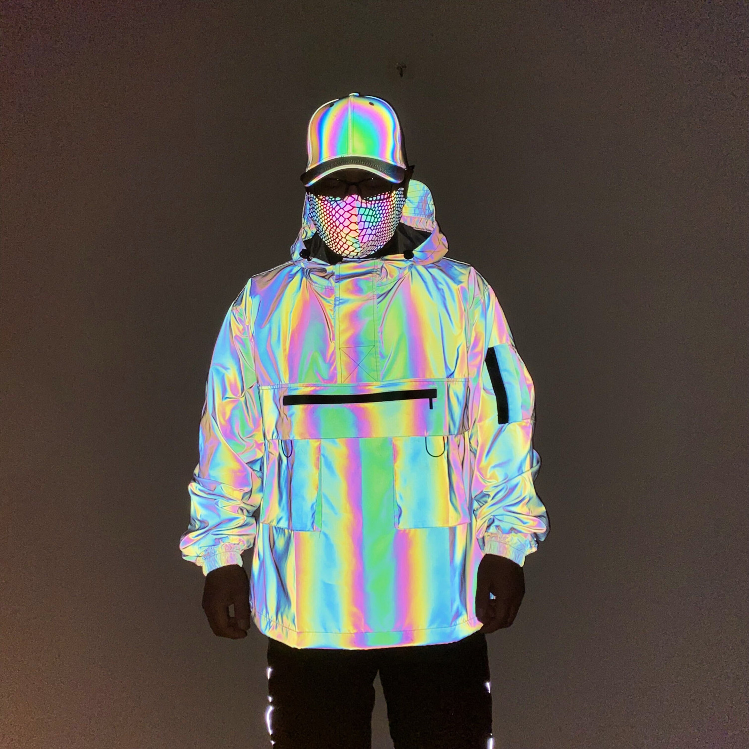 Men's Clothing multi pocket tactical functional style colorful reflective workwear jacket couple loose assault jacket hooded jacket_voghion.com