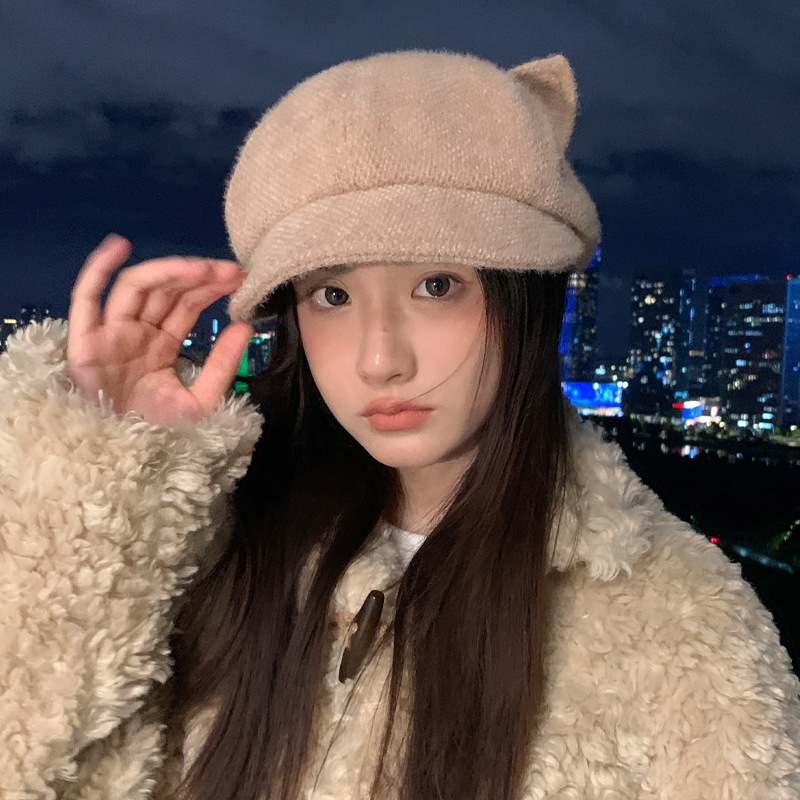 新款韩版秋冬帽子女款鸭舌八角帽猫耳朵防风保暖显脸小百搭大帽檐|undefined