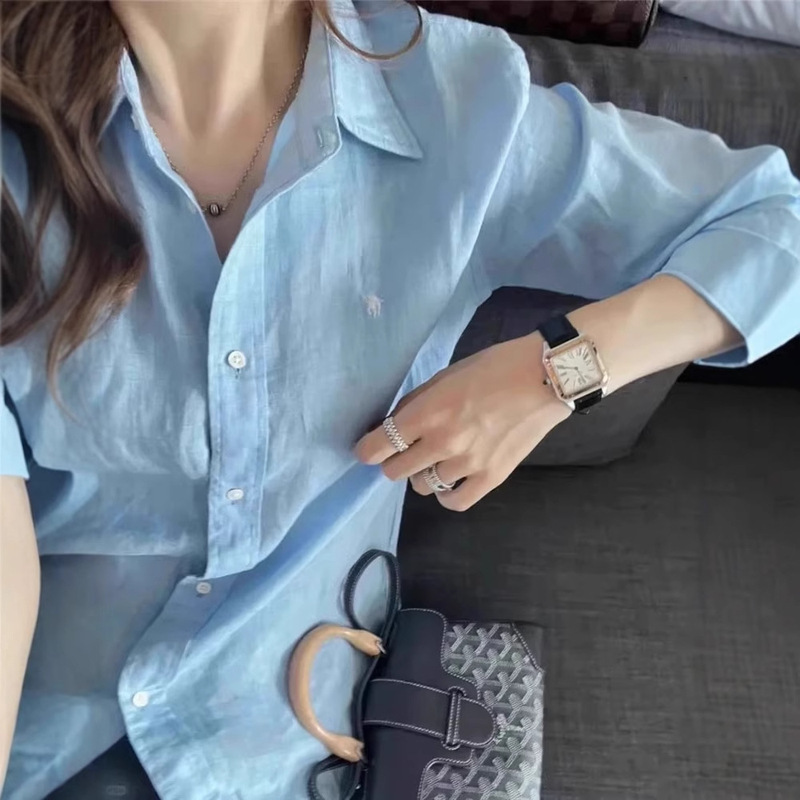 Rl Laff Pony Label Linen Shirt Men's and Women's Tops Spring and Autumn Long Sleeve Sunscreen Polo Shirt Embroidered Couple