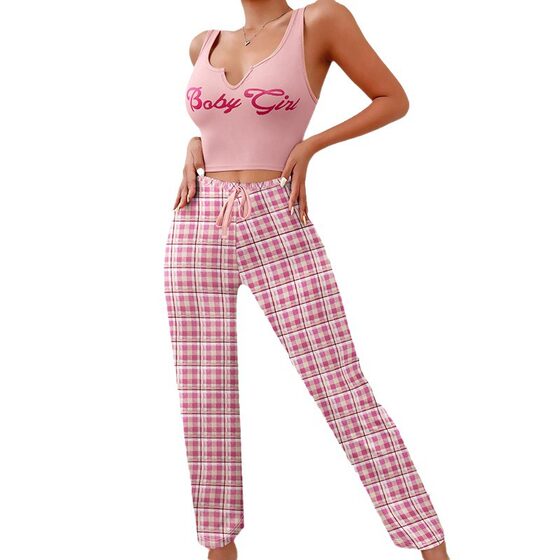 BabyGirl European and American cross-border homewear vest color matching plaid trousers letter printed top women's pajamas