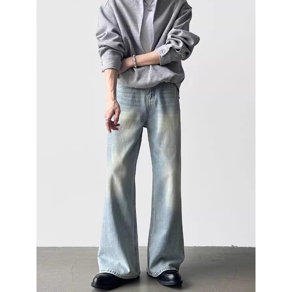 Cleanfit Herren Retro-Jeans, hellblau, locker geschnitten, A-Linie, gerades Bein, weites Bein, mittelschwere Baumwolle, nicht dehnbar_voghion.com