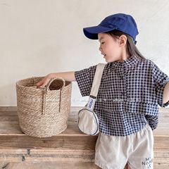 2024 Children's Summer New Products Girls' Summer Wear Korean Style Checkered Ramie Cotton Short-Sleeve Shirt 122289
