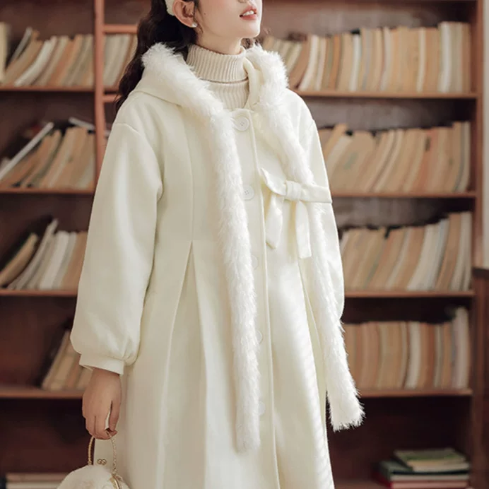 White woolen coat with hood, demi-season cute jacket