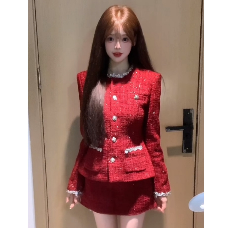 富家千金高级感小香风外套秋冬新款高腰显瘦半身裙新年战袍套装女