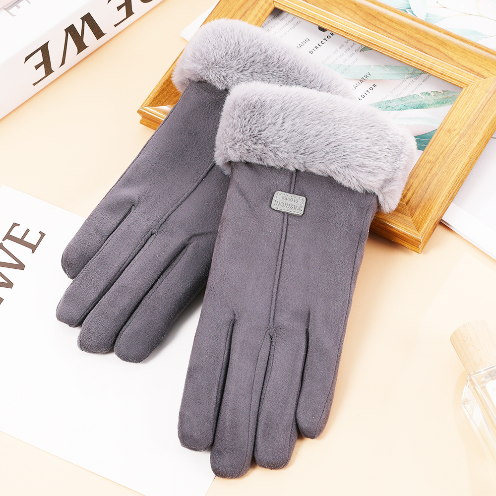 Guantes de gamuza de otoño e invierno guantes de pantalla táctil cálidos para mujer imitación boca de piel de conejo Rex forrada de lana gruesa a prueba de frío guantes
