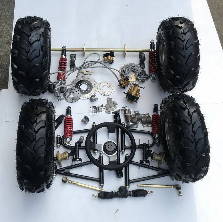 Modified Go-Kart Parts, Homemade Four-Wheel Vehicle with Front and Rear Suspension, Steering Wheel, 1m Rear Axle, 6/7/ 8inch Tires