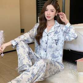 春秋新款青花色水光绸缎面睡衣女式明星同款丝滑高级感家居服套装