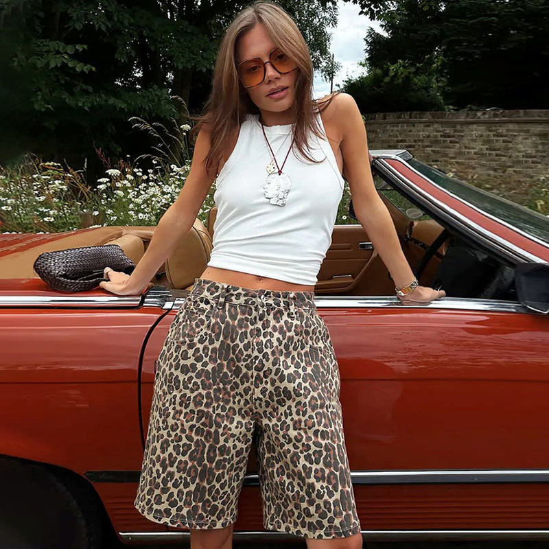 Cross-Border Leopard Print European and American Style 2026 Spring/Summer Fashion Five-Point Pants Ins-Style Street Leopard Print Mid-Length Women's Jeans Cross-Border Leopard Print European and American Style 2026 Spring/Summer Fashion Five-Point Pants Ins-Style Street Leopard Print Mid-Length Women's Jeans