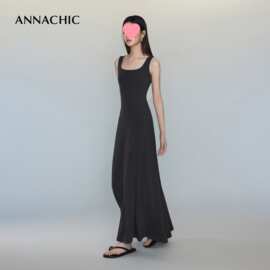 ANNACHIC黑色u领背心吊带连衣裙女夏度假大裙摆长款吊带裙长裙子