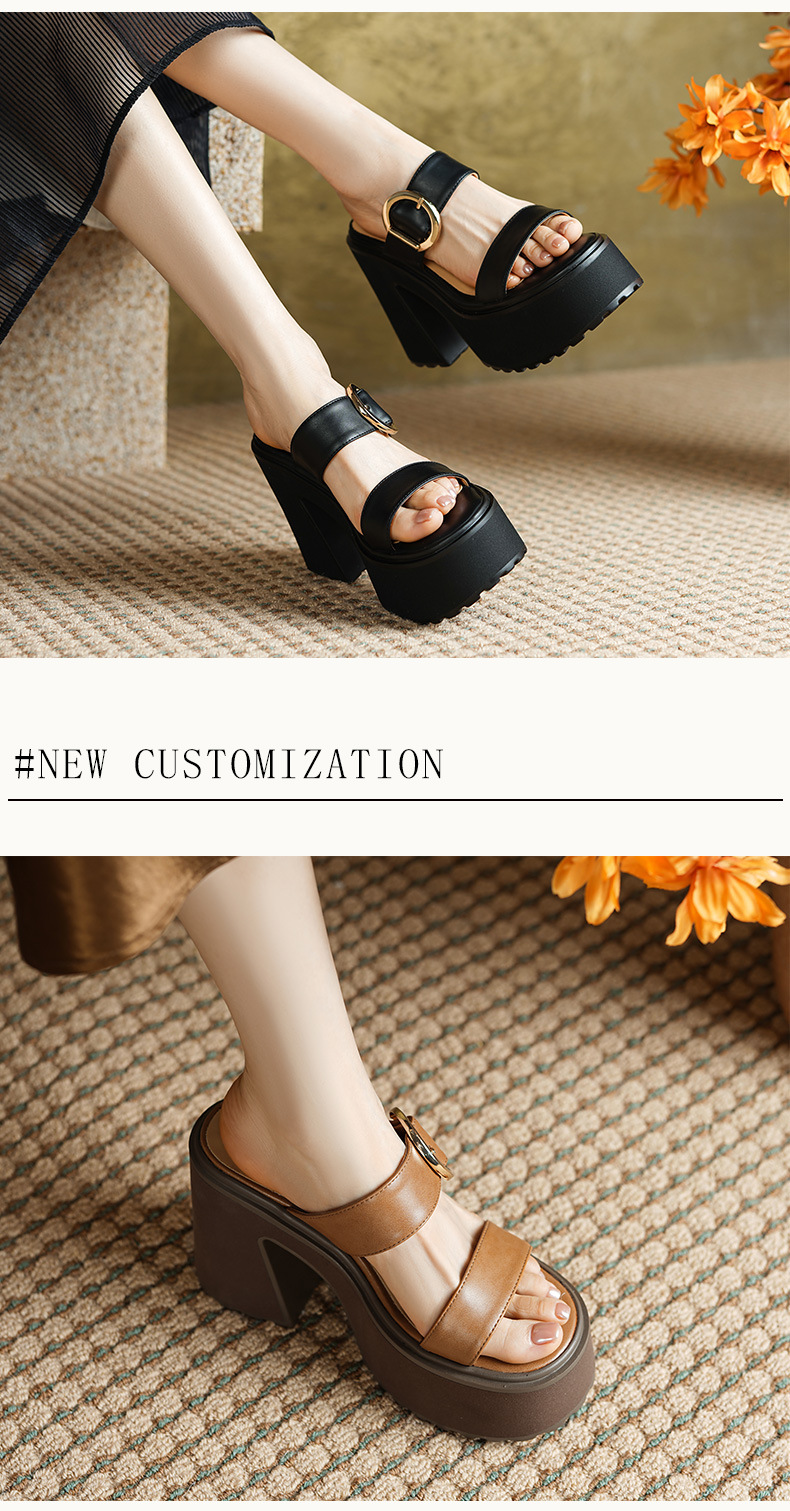 Sandal cao gót nữ da thật 13cm đế dày hở mũi quai ngang gót thô — Màu đen, Màu mơ chi tiết 3