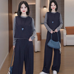 时尚休闲套装女2025秋季新款气质显瘦马甲长袖打底衫阔腿裤三件套