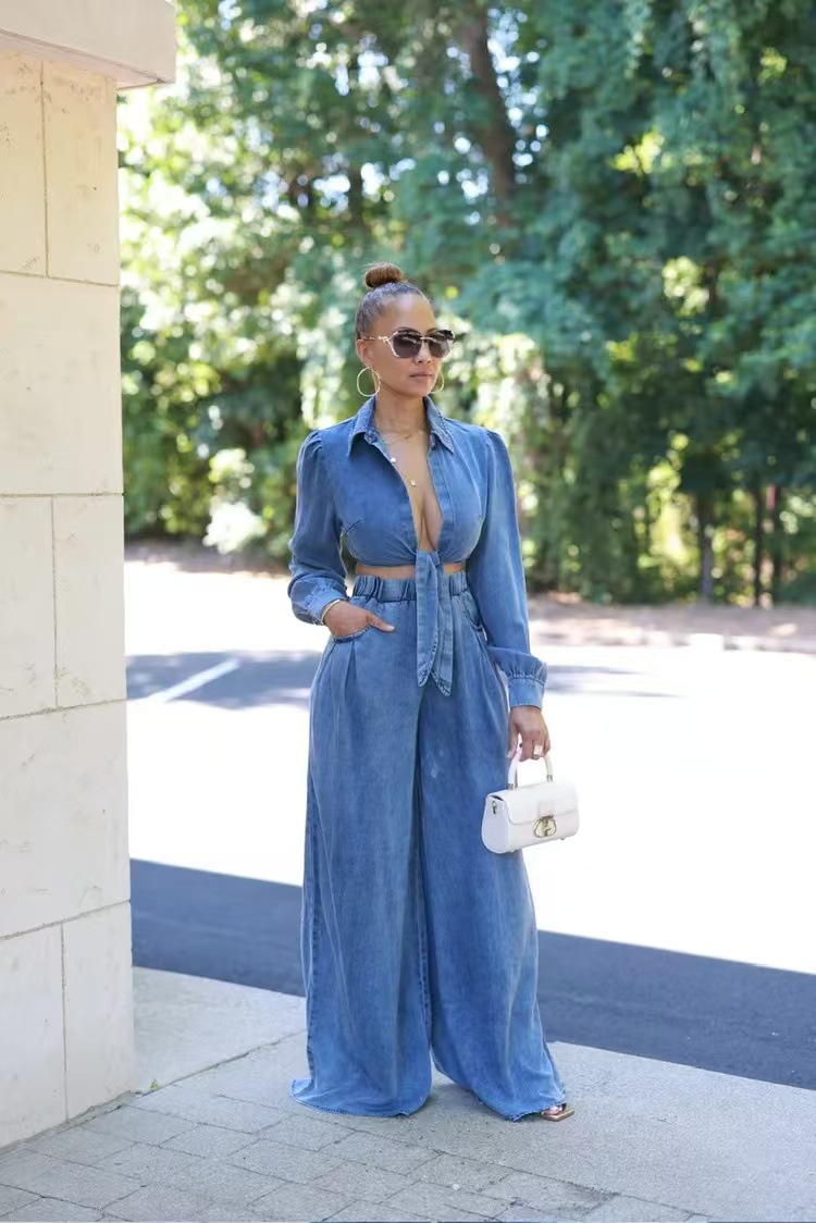 Damenbekleidung neuer lässiger Jeansanzug mit weitem Bein für Damen_voghion.com