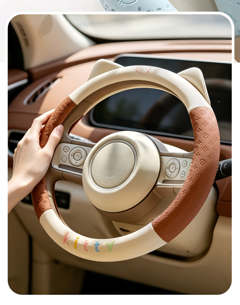 2026 New Model Leather Embossed Cat Ear Design Dirt-Resistant Breathable Non-Slip Cross-Border Four-Season Universal Car Steering Wheel Cover