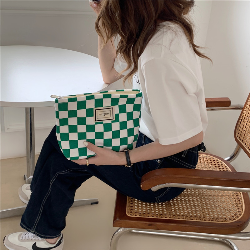 【 In Stock 】18181 checkerboard green checkered canvas bag, school-style commuter single-shoulder bag, retro hand-held tote bag undefined