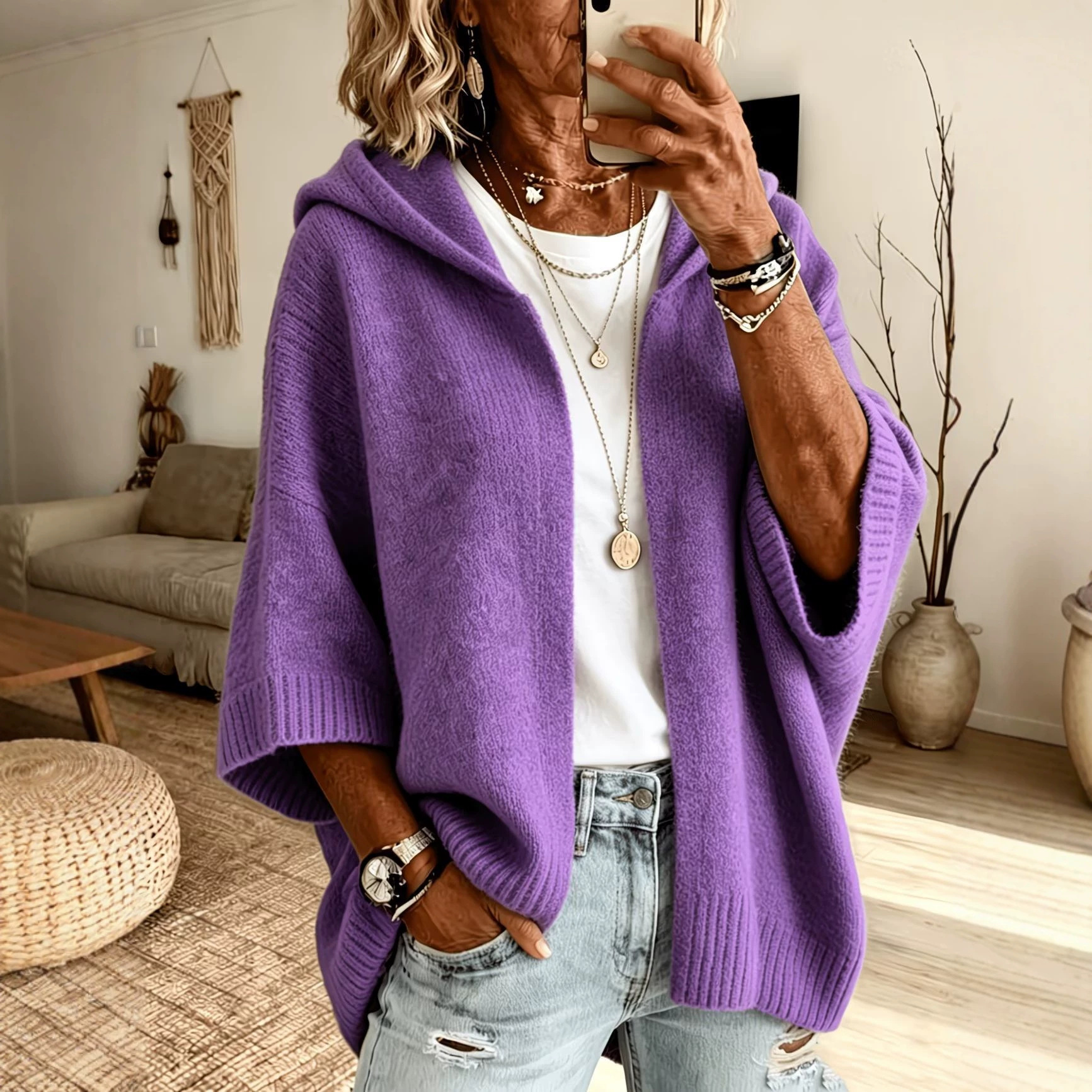 Amazon cross-border three-quarter sleeve hooded buttonless knitted cardigan, new European and American autumn/winter commuter women's sweater coat