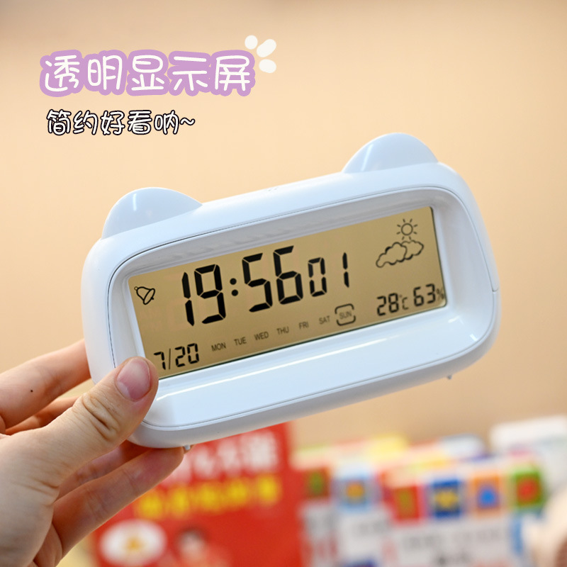 创意猫闹钟学生专用叫醒起床可爱倒计时日历透明夜光智能电子闹钟|undefined