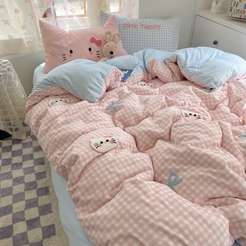 かわいいハローキティベッド4点セット ウォッシュドコットン掛け布団カバーシーツ 学生寮3点セット 0.9ベッド|undefined