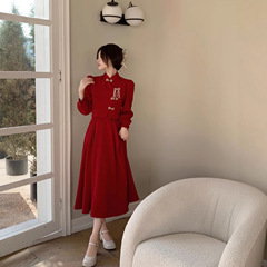 新中式旗袍敬酒服新娘红色中长款连衣裙小个子订婚礼服回门便装女