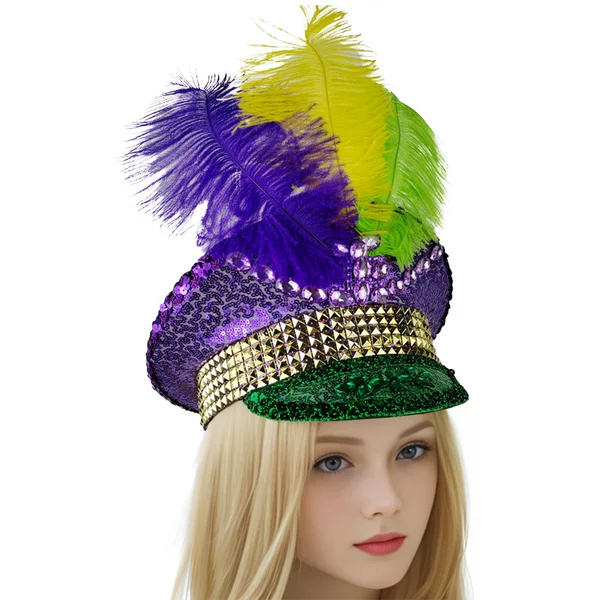 Purple, gold, and green feathered, heavily embellished sequin and rhinestone captain's hat for carnival stage performances and parties, Mardi Gras