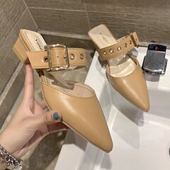 Baotou Half Slipper Women's Thick Heel Slipper 2024 New Low Heel Pointed Toe Medium Heel Simple Fashion Belt Clasp Cool Slipper