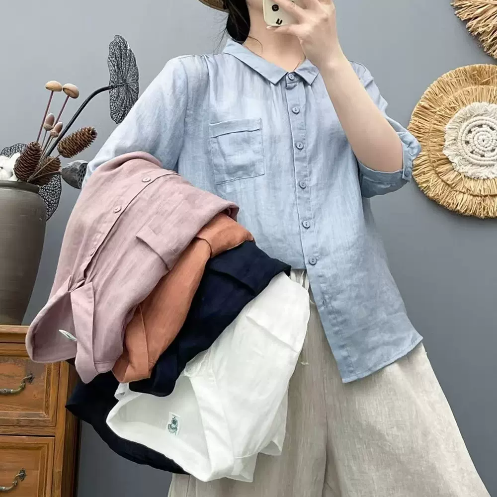 高级感棉麻半袖衬衫女夏季亚麻宽松上衣小个子苎麻短袖洋气薄衬衣