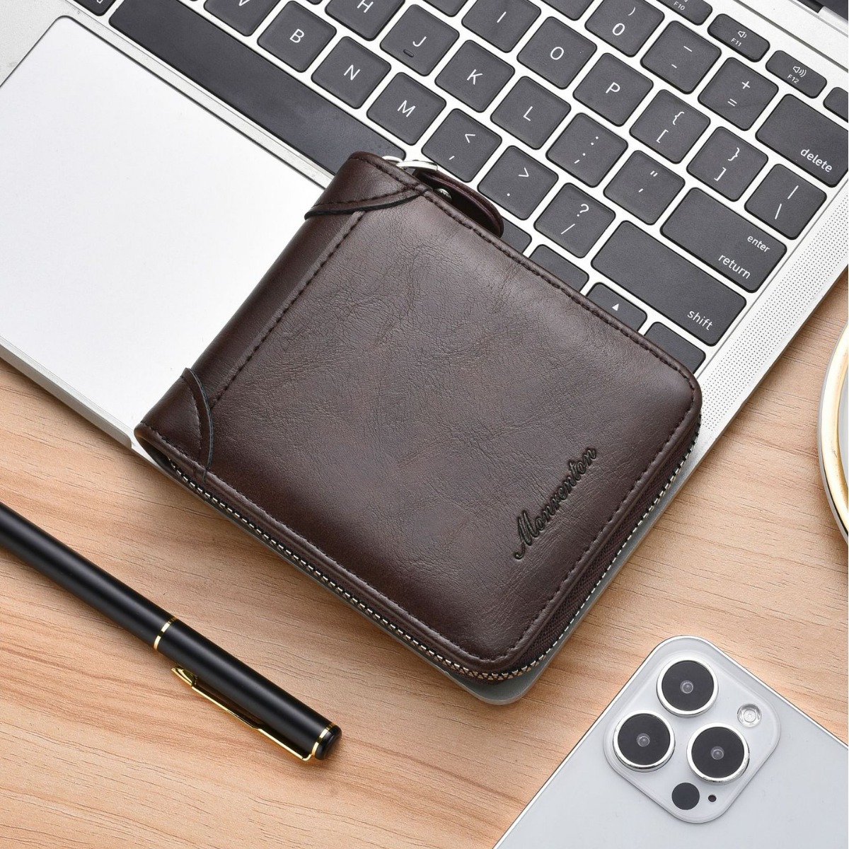 Short fashionable retro polyurethane wallet with zipper