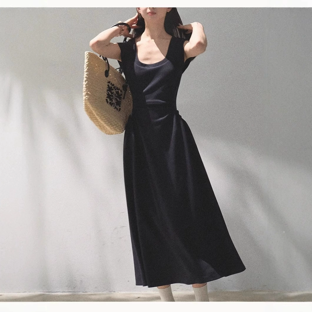 60 waxy air layer U-collar skin-friendly daily right-angle shoulder waist long tall dress
