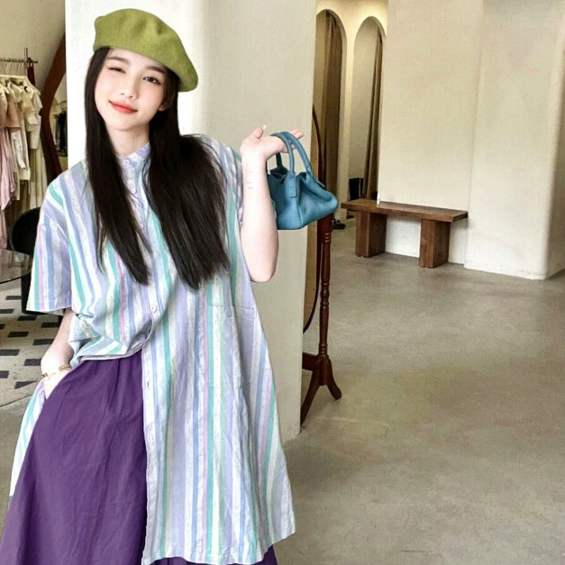 Свободное полосатое платье-рубашка в корейском стиле, японский ретро-костюм, повседневные укороченные брюки, широкие брюки-юбка, женский летний модный комплект из двух предметов
