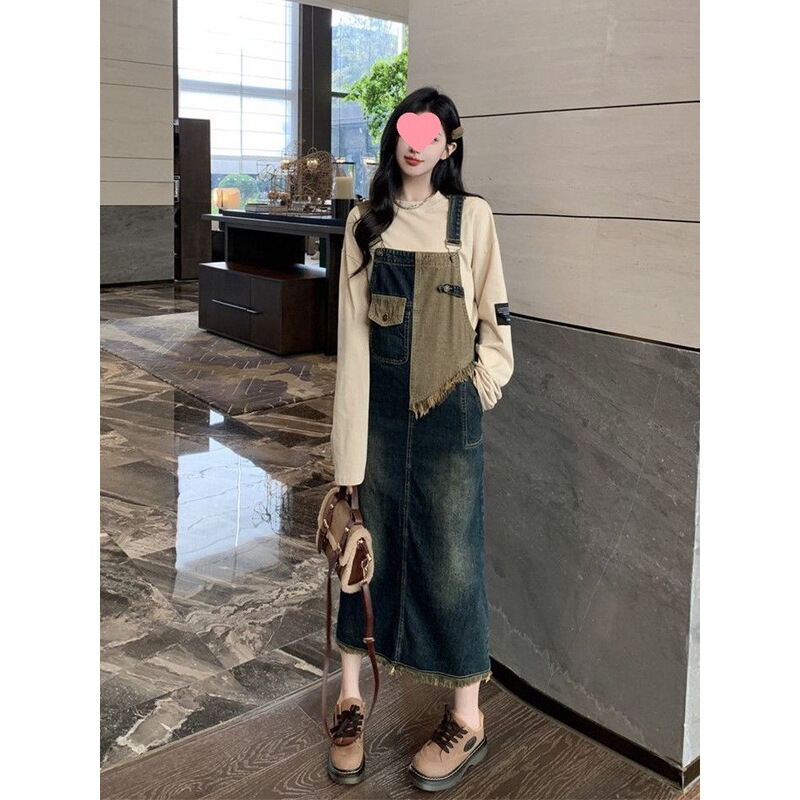 Vintage Workwear Denim Suspender Dress for Women with Slit, 2026 New Style, Slimming American Street Style Niche Long Dress in Deep Blue