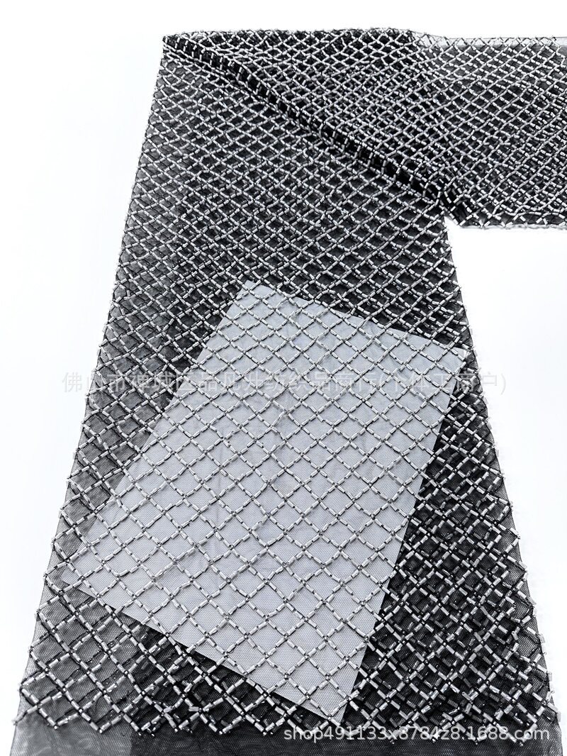 Tejido de bordado de cuentas de tubo de diamante, tela de vestido de boda de alta gama, tela de bordado de sequilla en stock