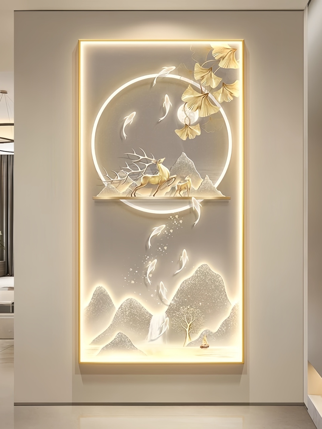 现代轻奢入户玄关装饰画麋鹿九鱼图大气过道壁画走廊尽头挂画灯画