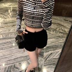 美静服饰黑白撞色条纹长袖针织开衫外套女2025早秋辣妹修身上衣