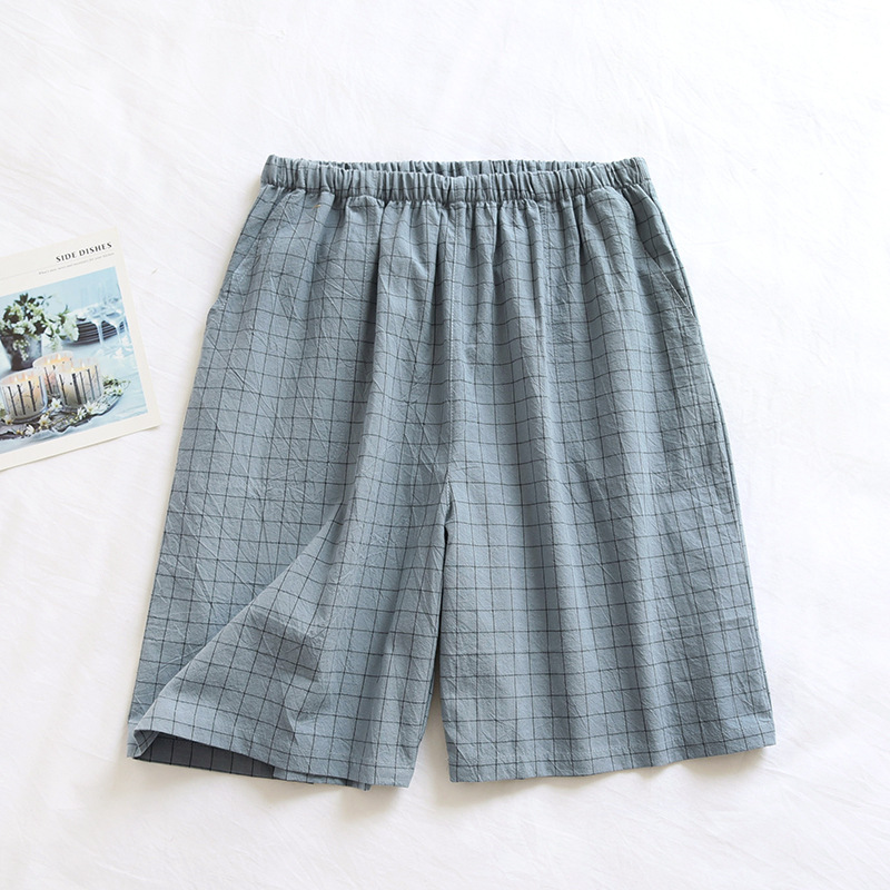 싱글 체크 무늬 남성용 블루 워시 코튼 반바지