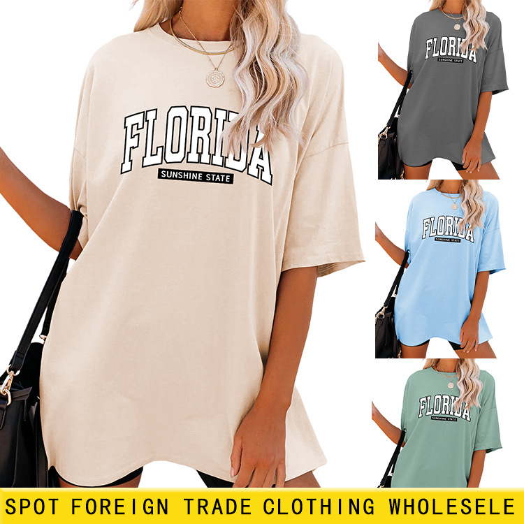 FLORIDA SUNSHINE State 크로스 보더 유럽과 미국 느슨한 긴 여성용 티셔츠 아마존 이베이 반소매