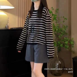 厂家条纹长袖恤女欧货小众早秋针织打底衫宽松时尚减龄洋气上衣