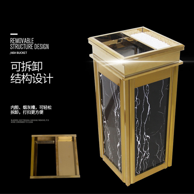 Marble Stainless Steel Hotel Lobby Trash Can Commercial Elevator Entrance with Ashtray Vertical Stairwell Stone Bucket