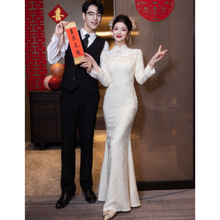 敬酒服鱼尾旗袍新娘晚礼服女2025新款冬季长袖订婚裙轻婚纱香槟色