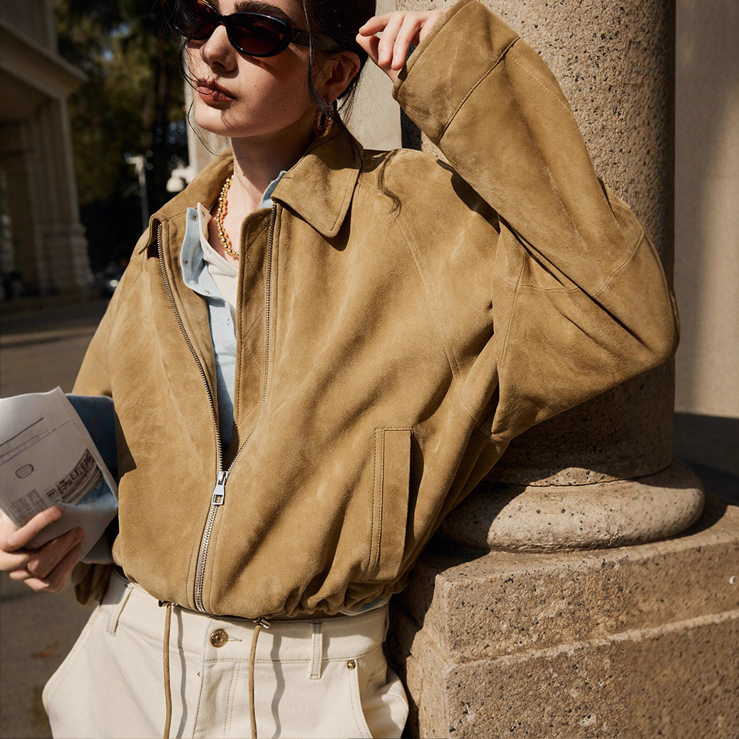 North African Suede Leather Jacket for Women with Drawstring Design at the Hem, Lapel, High Waist, Slimming Look, Classy Suede Jacket, Short Jacket