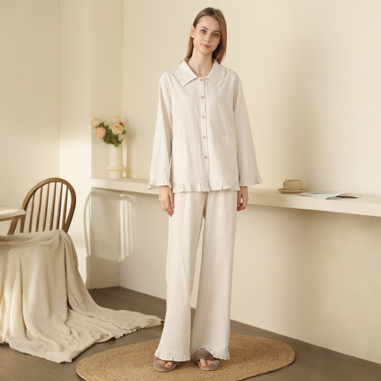 2025 Spring and Summer New Japanese Style Stripesd Women's Pajamas Two-Piece Long-Sleeved Pants Suit Rayon Soft Home Clothes