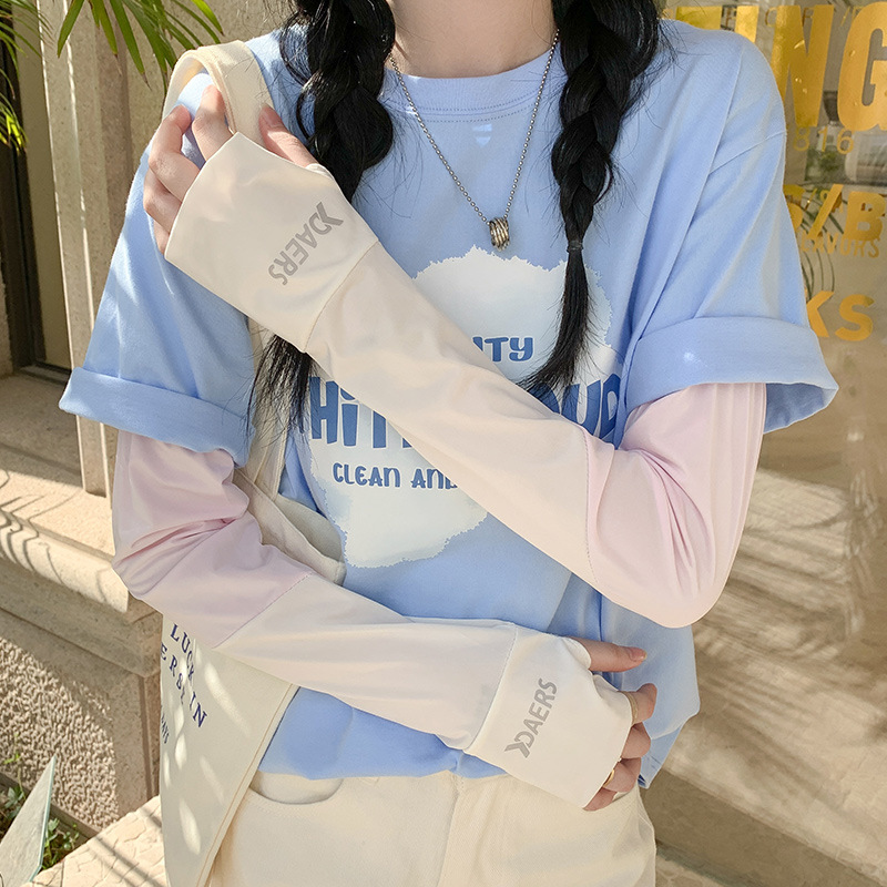 撞色冰袖女高倍防曬薄袖套開車防紫外線寬鬆手袖冰絲戶外長款護臂