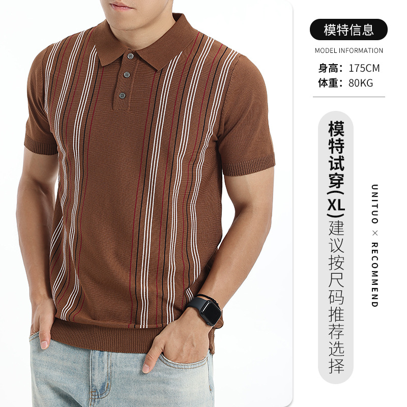 Europa y Estados Unidos trajes de hombre de hielo rayas con cuello polo camisa de hombre ligera de negocios casual de manga corta camisa de punto Paul hombre