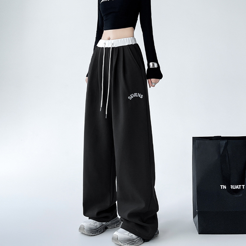 华棉刺绣运动裤女秋冬美式高腰窄版阔腿裤子直筒撞色窄腰休闲卫裤