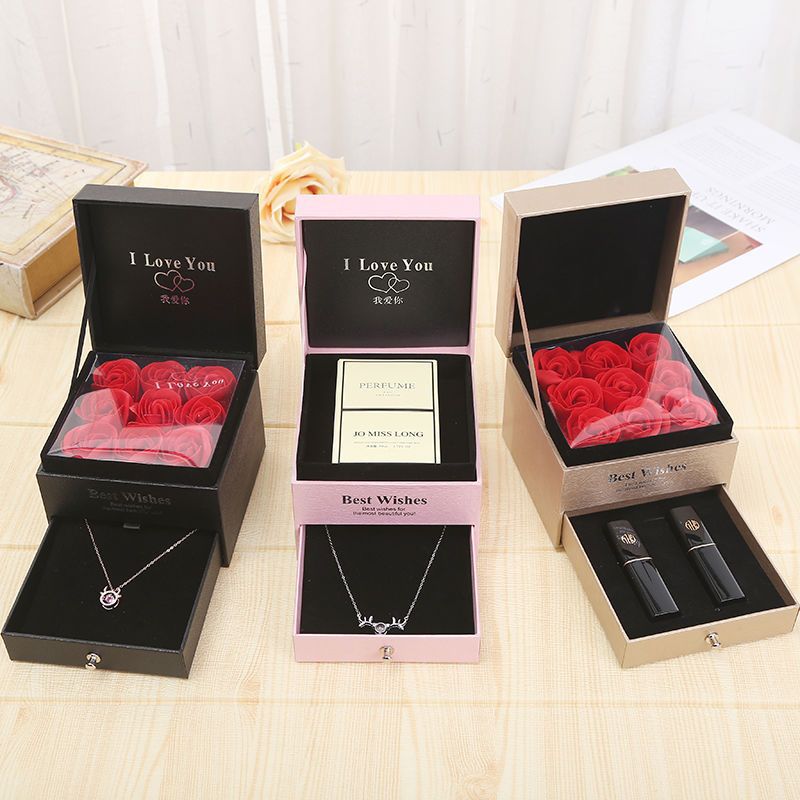 现货首饰盒玫瑰花伴手礼品盒项链耳环项坠包装耳饰盒情人节手提袋