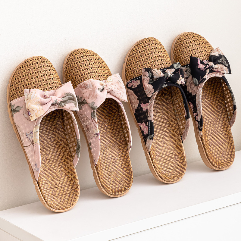 Summer Rattan Grass Woven Linen Slippers with Bow Toe Mat Home Cool Slippers for Women Lightweight Thick Soles